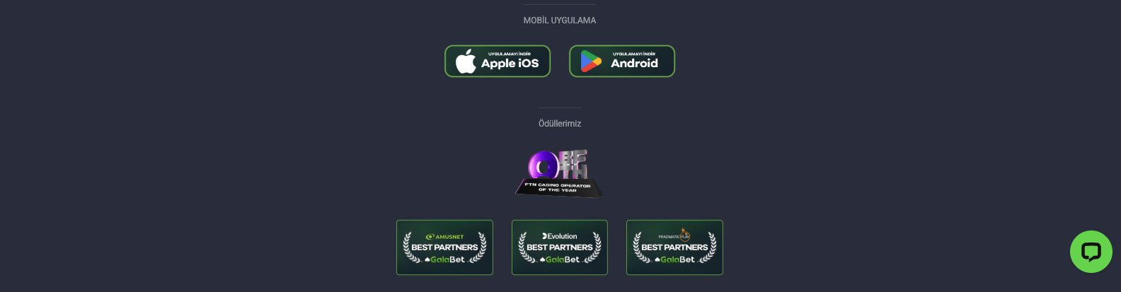 Galabet footer mobil uygulama butonları ve ödül rozetleri