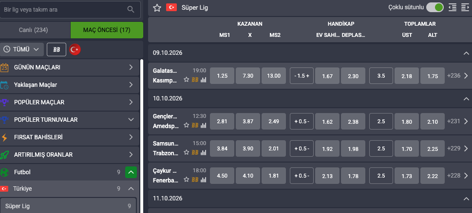 Galabet maç öncesi ekranında Süper Lig haftası: maç sonucu, handikap ve toplam gol oranları