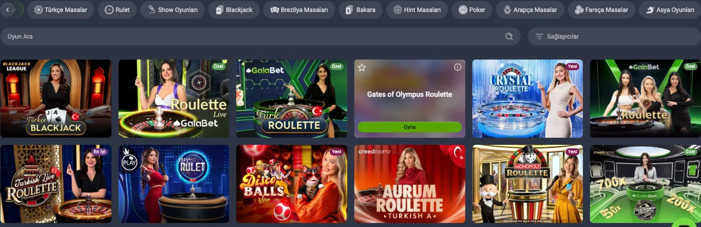 Galabet canlı casino lobisi ve kategori sekmeleri