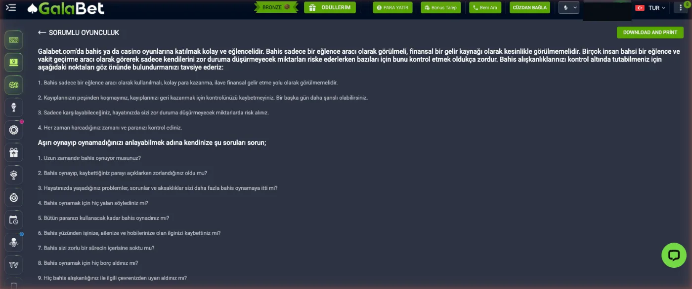 Galabet sorumlu oyunculuk sayfası