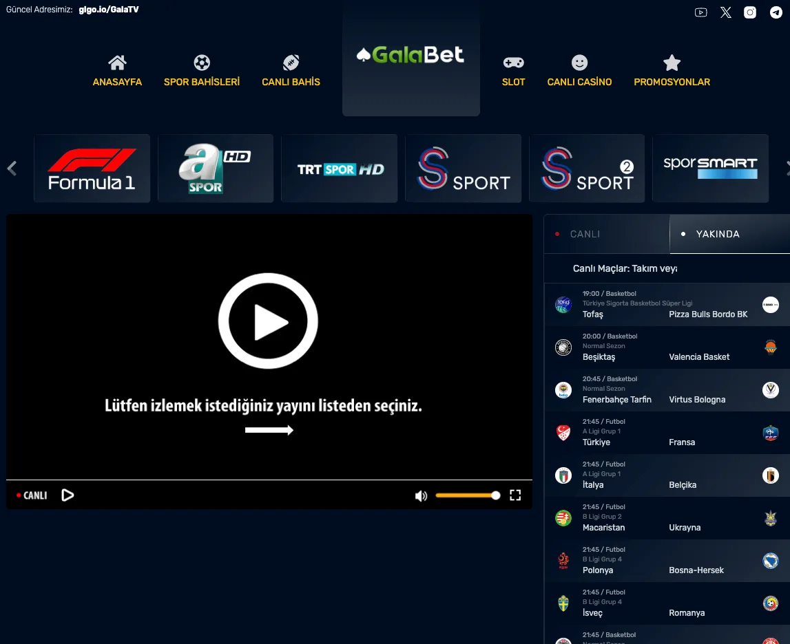 Galabet TV yayın ekranı: kanal şeridi ve canlı/yakında maç listesi